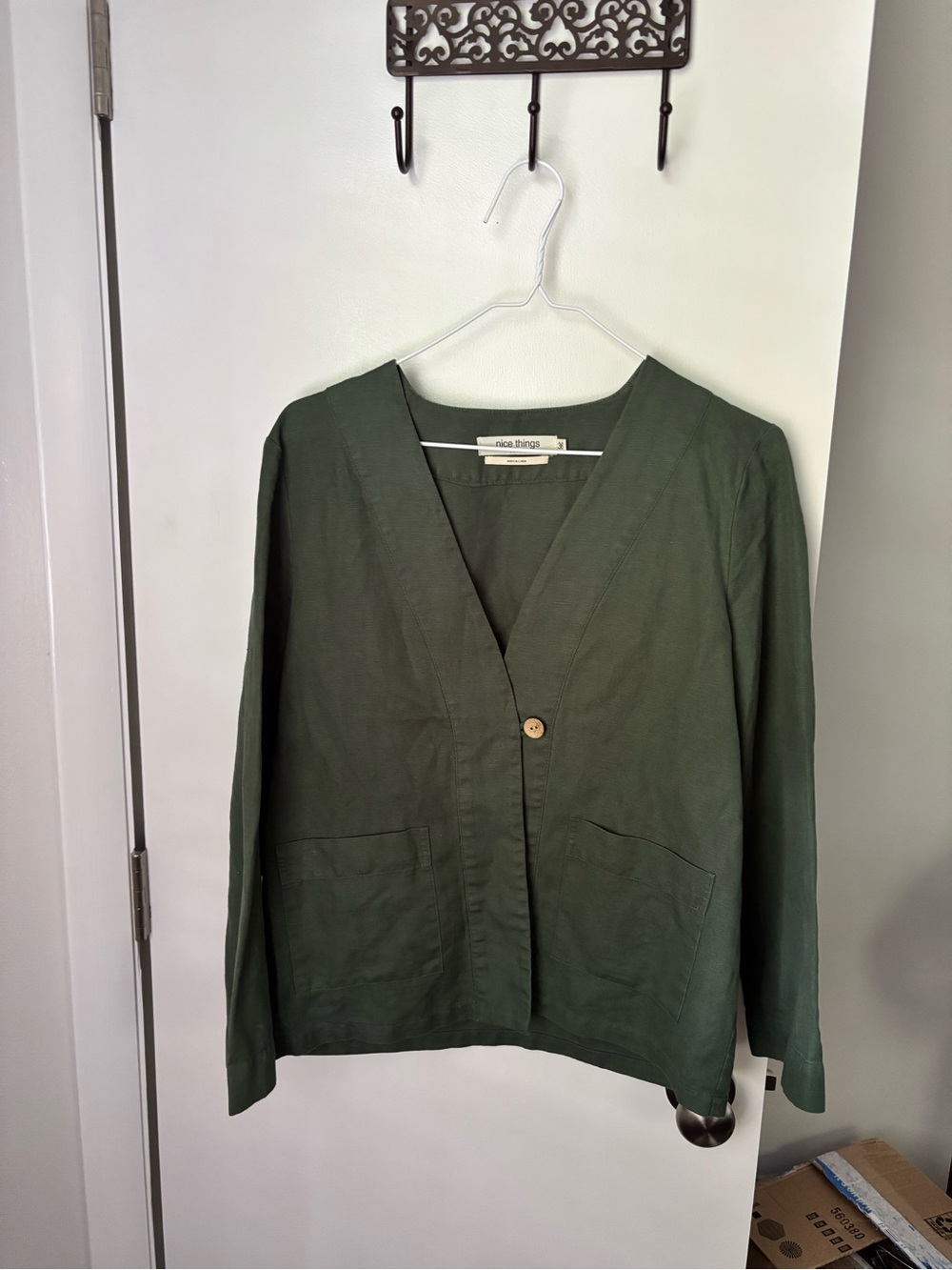 Minimalist Linen Olive Green Single-Button V-Neck Jacket Blazer